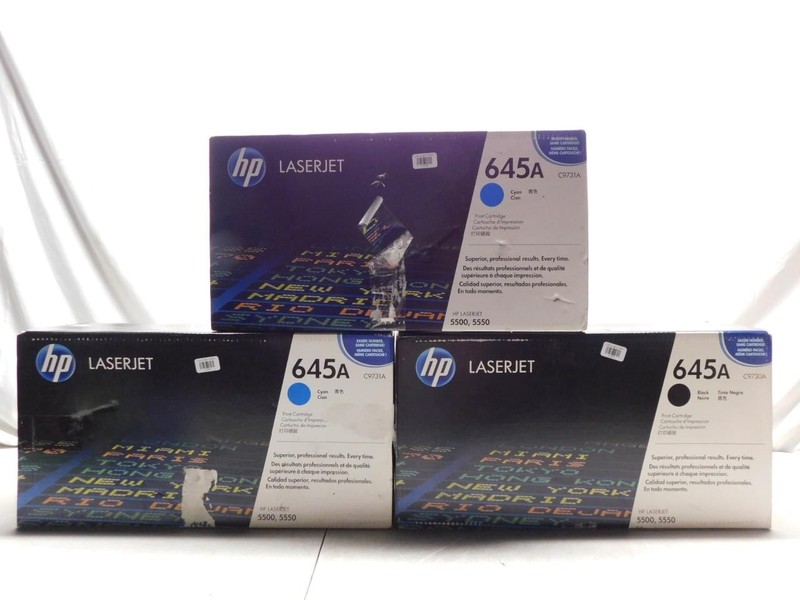Lot of 3 New HP 645A Black & Cyan Toner Cartridges #27 (LVRC-47627,26,25)