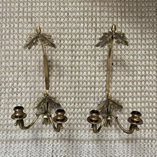 Vintage Ornate Brass Candlestick & Picture Holders Wall Sconces Two Arm Oak Leaf