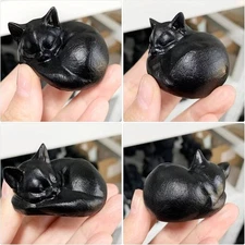 2'' Obsidian Sleeping Cat Figurine  Handcrafted Stone Carving,Gift for Cat Lover