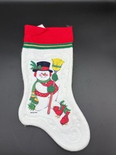 Santa  s Best Vtg Christmas Stocking Snowman White With Red Cuff Red Birds