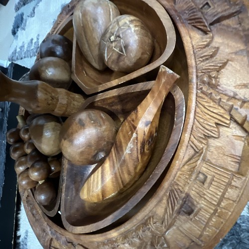 Vtg 3 Tier Hand Carved Monkey Pod Pineapple Lazy Susan Serving Party Tray Tiki - Picture 18 of 23