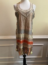 Vasna Boho Sleeveless Crinkle Mix Print  Crochet Neckline Dress Size Small 
