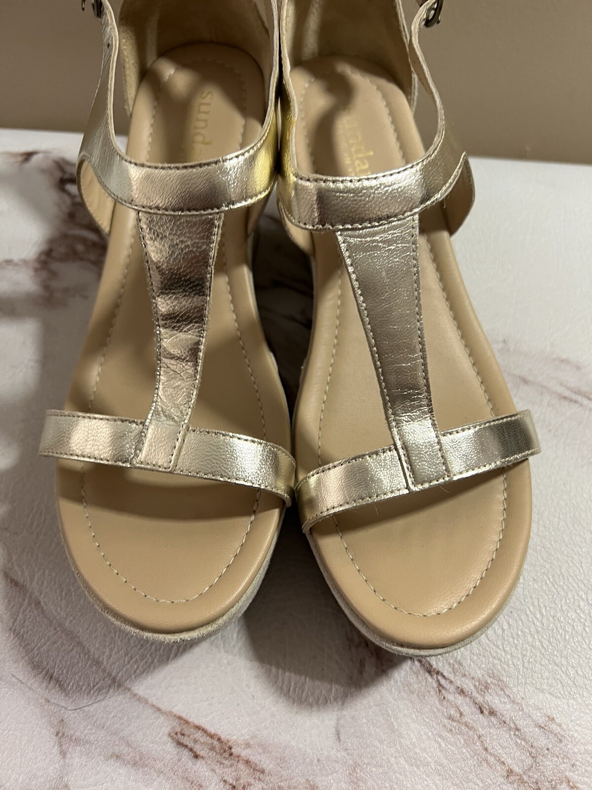 Sundance Catalog Gold Wedge Sandals Suede Size 38 7.5… Gem