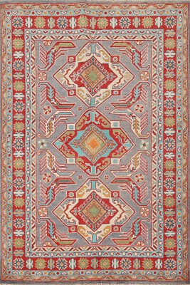 Gray/ Red Wool Geometric Super Kazak Area Rug Handmade Oriental Rug Carpet 4'x6'