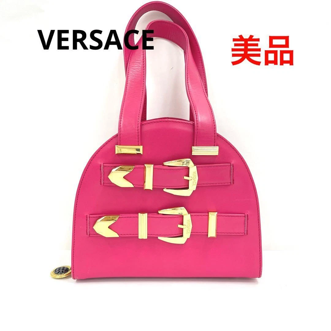 GIANNI VERSACE Used Pink 2 Belt Motif Mini Handbag Bostonbag Japan 