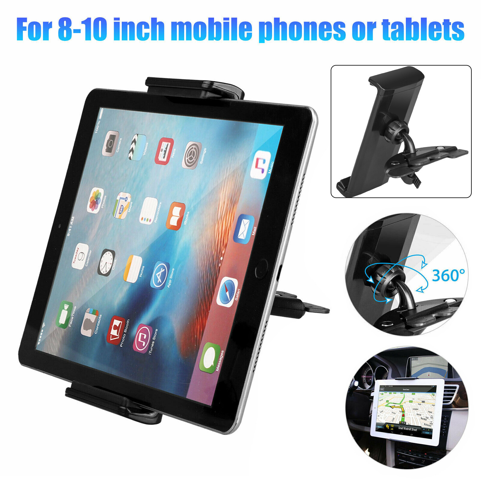 Universal 360&deg; Rotation Car CD Slot Mount Holder Stand Fr 8-10 inch Phone Tablet