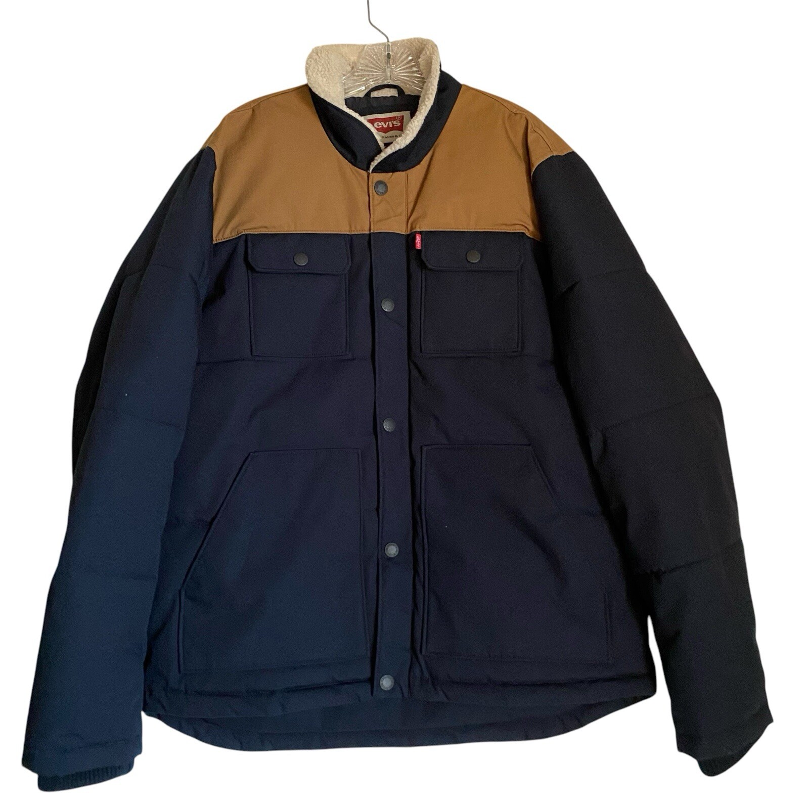Levis Puffer Jacket Men L Navy Tan Woodsman Fleece Collar Workwear Thermal-image