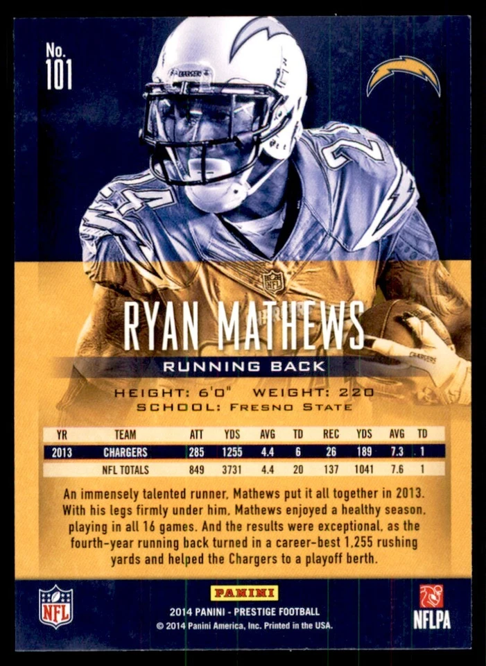 2014 Panini Prestige Ryan Mathews Football Cards #101 - Image 2 of 2