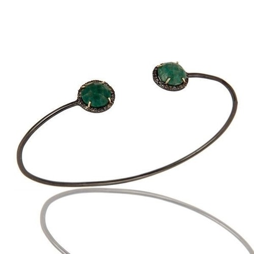 14K Solid Gold Pave Set Diamond And Natural Dyed Emerald Adjustable Bangle - 第 1/5 張圖片