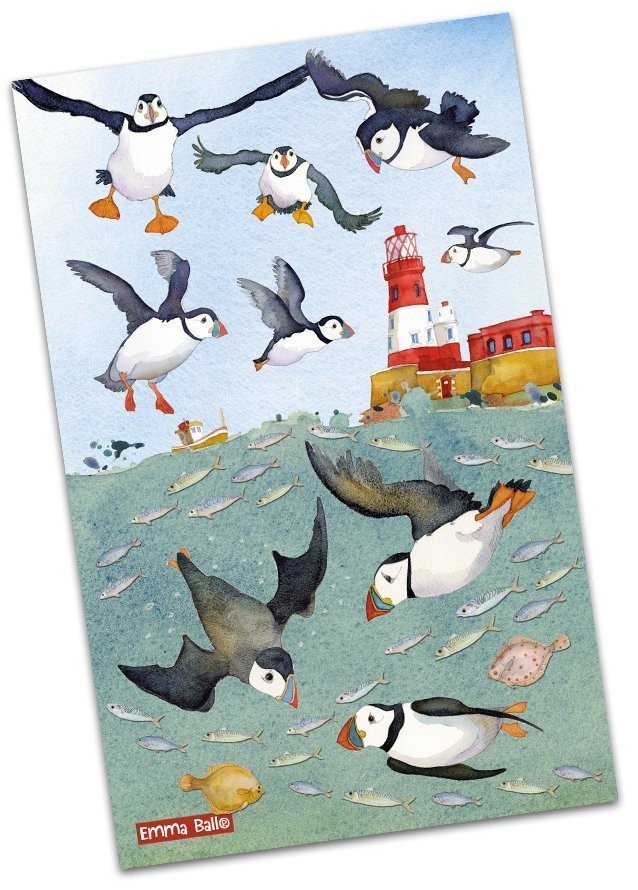 Emma Ball ""Diving Puffins"", Pure cotton tea towel. UK printed.