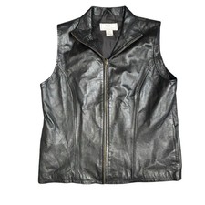 Vintage Lisa International Women's M Black Genuine Leather Collard Zip Up Vest