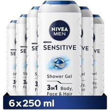 NIVEA MEN Sensitive Shower Gel Pack of 6 (6 x 250 ml), Alcohol-Free Sensitive