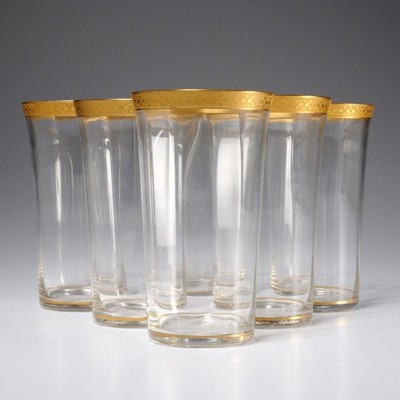 Vintage Optic Clear Glass Drinking Beverage Tumbler Gilt Rim 5''h 3''dia 6Pc Lot B