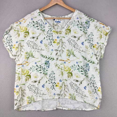 Yuvita Floral Linen V-Neck Blouse Women L White Green Boho Short Sleeve