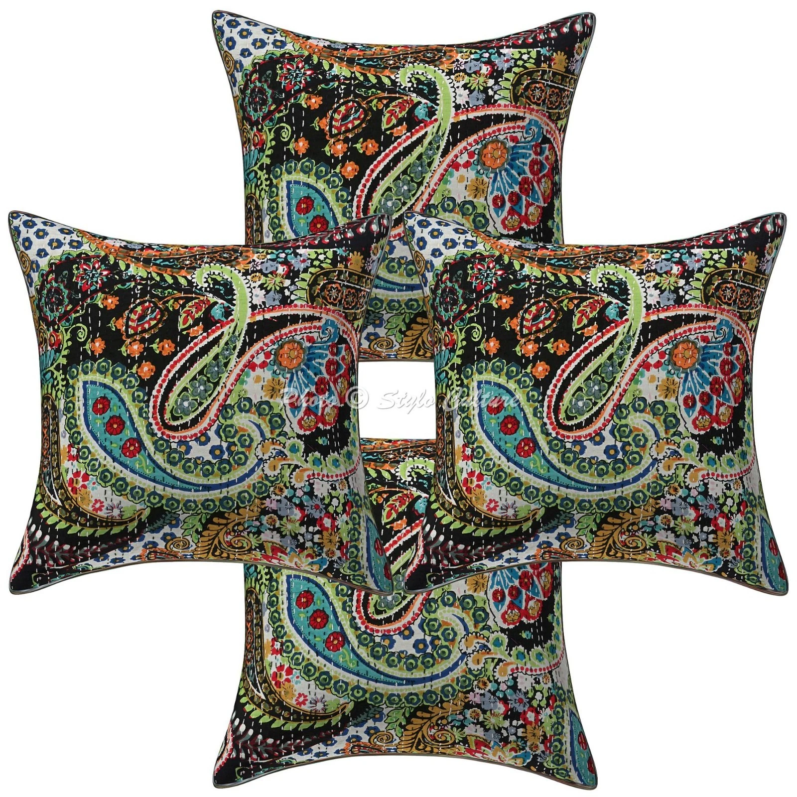 Ethnic Cotton Throw Pillow Covers Kantha Black Paisley Home Decor Cushion Cover