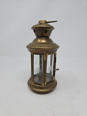 Brass & Etched Glass Panes Hexagon Candle Holder Lantern 7''
