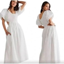 Free People Endless Summer Kalina Maxi Dress White Smocked Puff Sleeve Cutout S