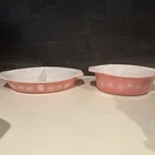 PYREX Vintage Pink White Floral Glass Oval Casserole Dish Set Divided