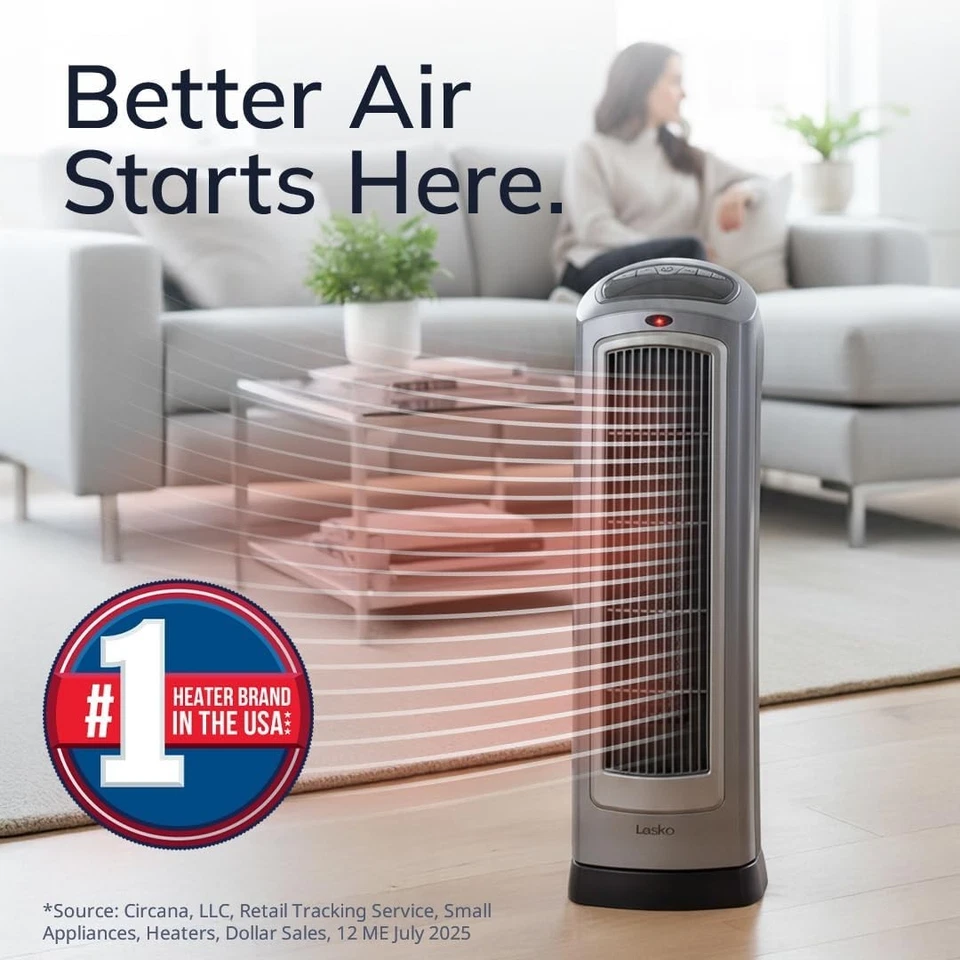 Lasko Oscillating Portable Ceramic Tower Heater 1500W Digital Thermostat Timer - Image 4 of 4