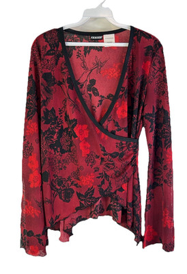 VTG Y2K Whimsigoth Vamp Womens Large Red Floral Wrap Top Shirt Bell Sleeve