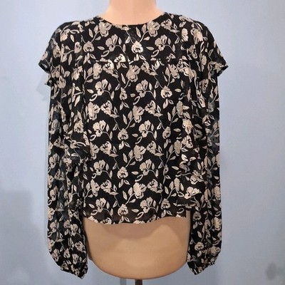 En Saison Womans Top Sheer Black Floral Ruffle Sz Sm Romantic Whimsigoth New