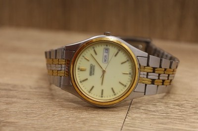 Seiko Men's Watch 7N43-9041 luminous champagne dial two tone NEW BATTERY 7.25''