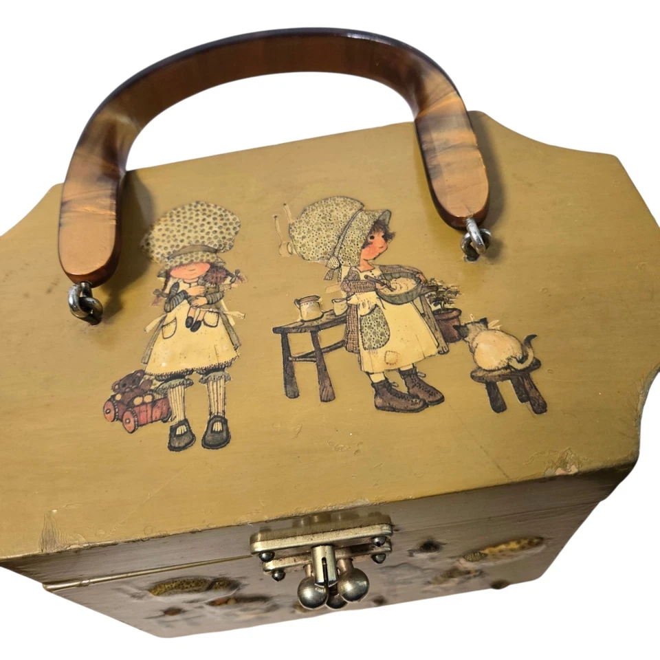 VTG Holly Hobbie Box Purse Wood Decoupage 3D Carved Lined Lucite Handle 1970s - Image 4 of 4