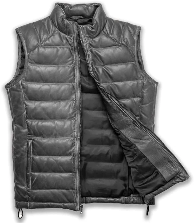 Men's Puffer Vest Quilted Genuine Leather Waistcoat Biker Motorcycle Jacket