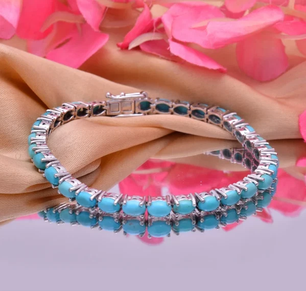 925 Sterling Silver Natural Turquoise Silver Tennis Handmade Women Bracelet - Image 3 of 3