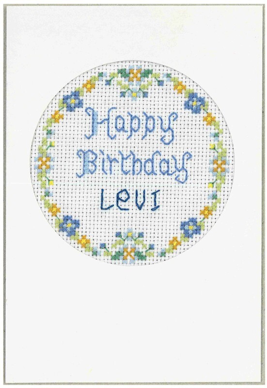 Blue & green Birthday cross stitch greeting card - complete kit on 16 aida