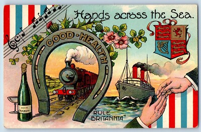 England Postcard Hands Across The Sea Champagne Music Note Steamer c1910