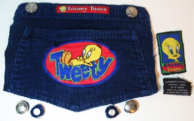 Salvaged Clothing Parts w Tweety Bird Labels, Patches+ 6 Hammer-on Stud Buttons