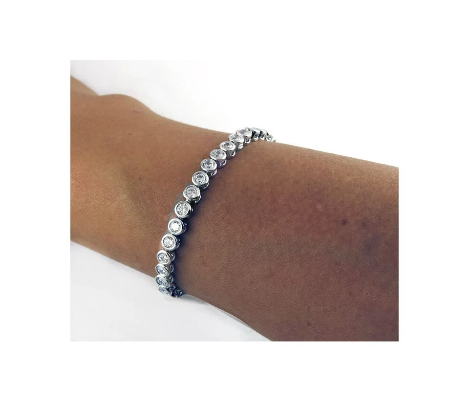 Pulseira de tênis folheada a ouro branco 18k bisel zircônia cúbica corte redondo 4 mm - 7,5" - Imagem 4 de 4