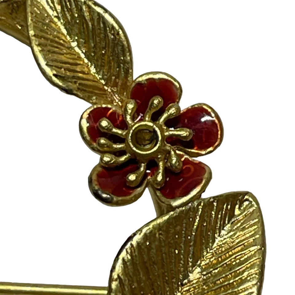 Брошь датского дизайна Pilgrim с подписью золотистый красный цветочный кристалл эмаль - Изображение 2 из 4