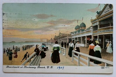 1909 NY Postcard NYC LI Boardwalk at Rockaway Beach crowd beach scenic women