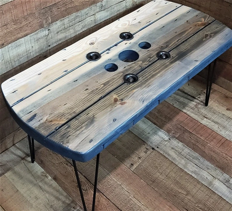 New Farmhouse Wood Spool Rectangle Table - 36" Inches Long - Hairpin & Pipe Legs - Image 2 of 4