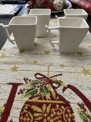 SET of 4 Vintage MALACASA Squared Wave DESIGN White Porcelain MUGS CUPS
