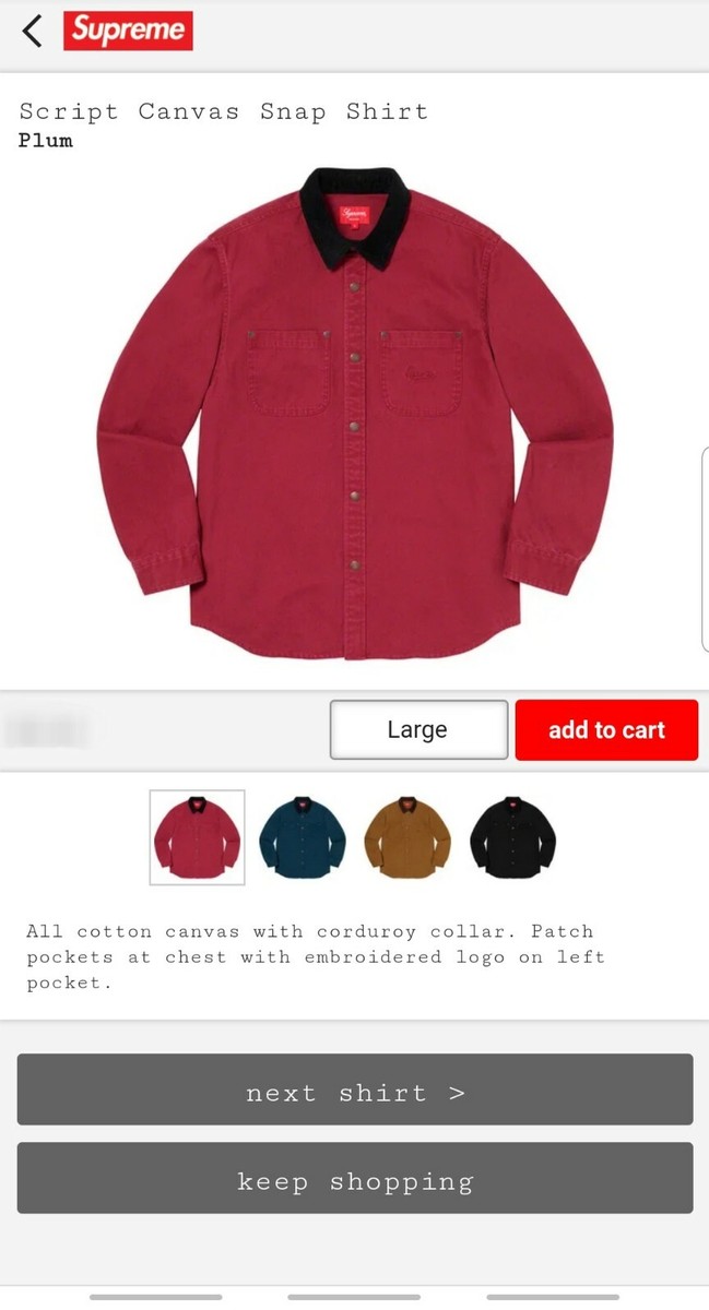 Supreme 亘っ Script Canvas Snap Shirt シュプリーム