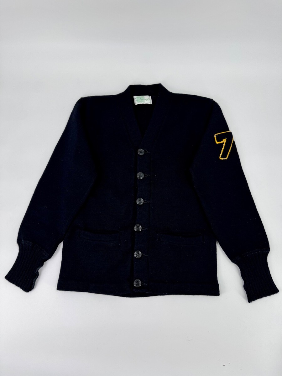 トップス 50s-60s WILSON lettered cardigan black Vintage Black Wool College Letterman Cardigan Sweater 1960s