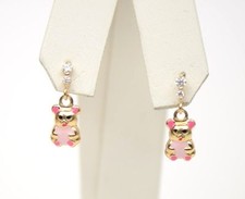 14K Solid Yellow Gold Teddy Bear Dangle Earring with Enamel