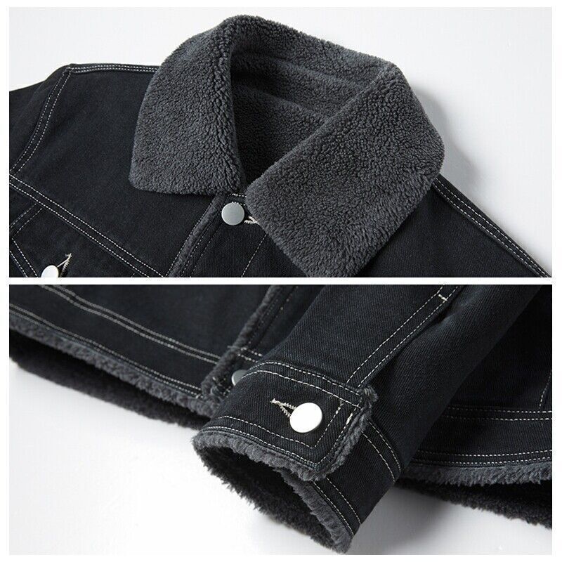 Men Faxu Fleece Lined Thicken Denim Jacket Winter Lapel Jean Men Faxu Fleece Lined Thicken Denim Jacket Winter Lapel Jean