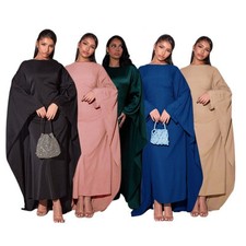 Women Muslim Arab Party Elegant Dress Round Neck Solid Color Ramadan Robe