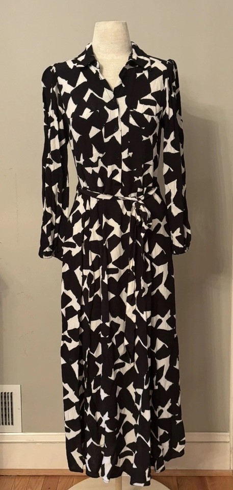 Zara Maxi Shirt Dress Womens Medium Black White Abstract Print Belted Mod Chic