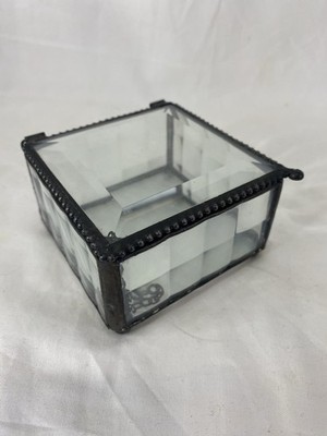 J Devlin Art Glass Trinket Iridescent Bottom Faceted Jewelry Box Metal Frame
