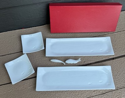 Crate & Barrel Sushi Set for Two Fish Embossed Plates & Rests Open Box 