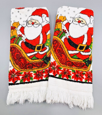 Holiday Kitchen Towel Santa and Sleigh VTG Cotton Blend Made USA Vintage 80s