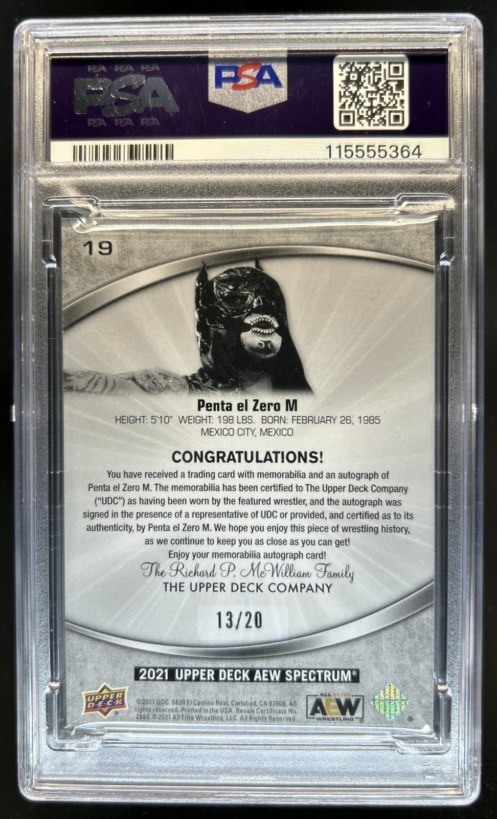 2021 Upper Deck Spectrum AEW Penta el Zero M Auto Memorabilia #/20 PSA 10 view 2