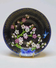 Chinese Enamel Black Blue Cherry Blossom Bird Partitioned Cup Plate