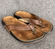 Olukai Kumu Sandals Men's 11 Brown Leather Slip On Flat Thongs ISSUES