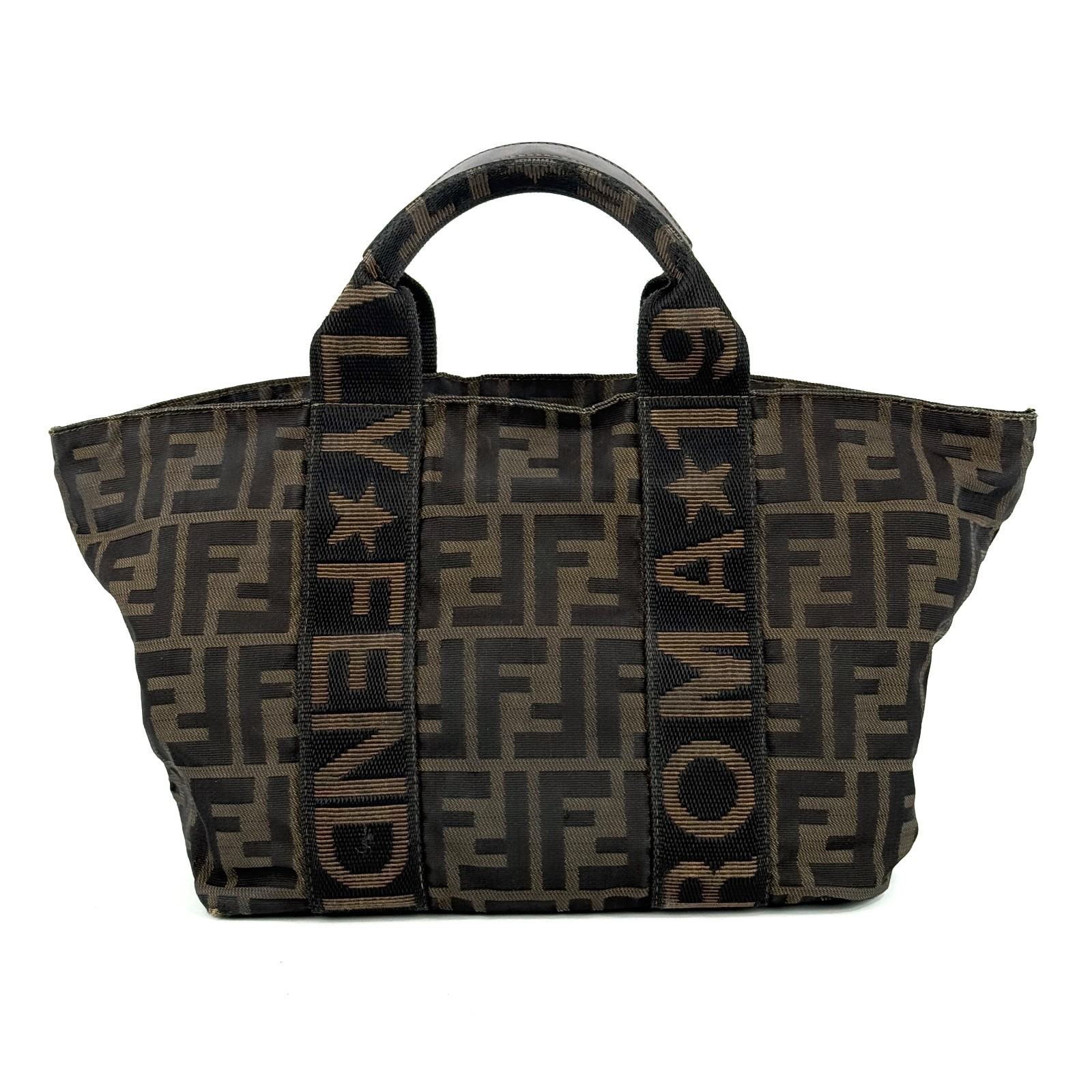 FENDI Zucca Brown Nylon Handbag Authentic Shoulder Purse